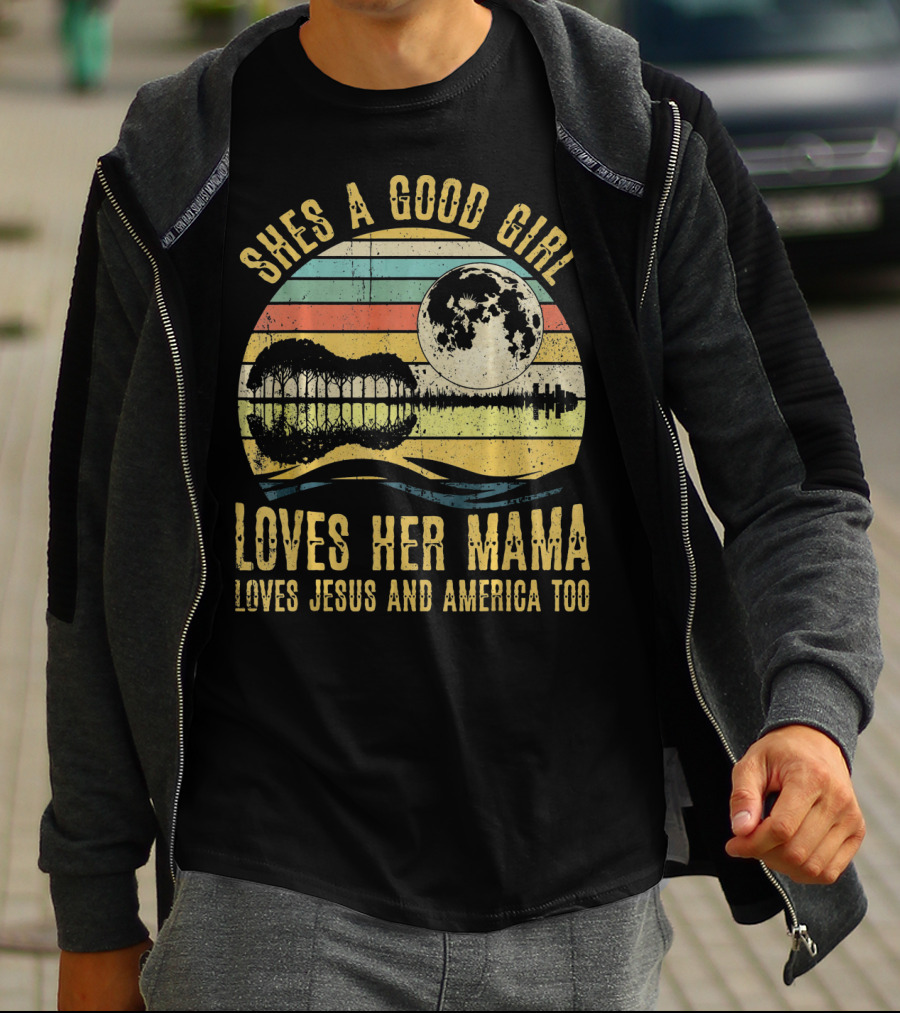 She's A Good Girl Loves Her Mama Loves Jesus And America Too Retro Acoustic Guitar Moon T-Shirt