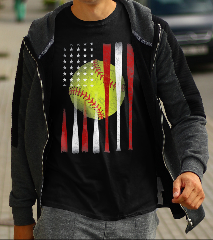 American Flag Vintage Softball Bats Stars Baseball T-Shirt