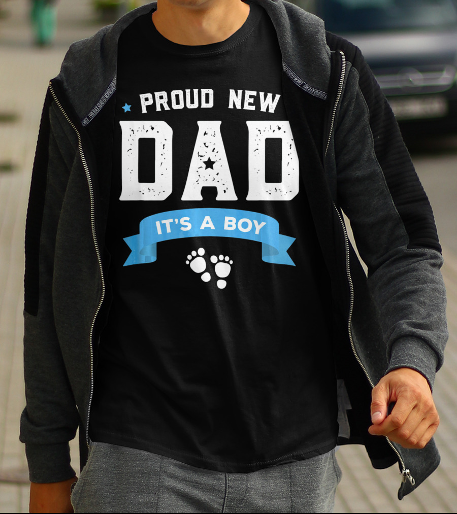 Proud New Dad It's A Boy With Baby Footprints And Stars T-Shirt