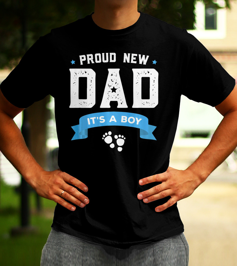 Proud New Dad It's A Boy With Baby Footprints And Stars T-Shirt