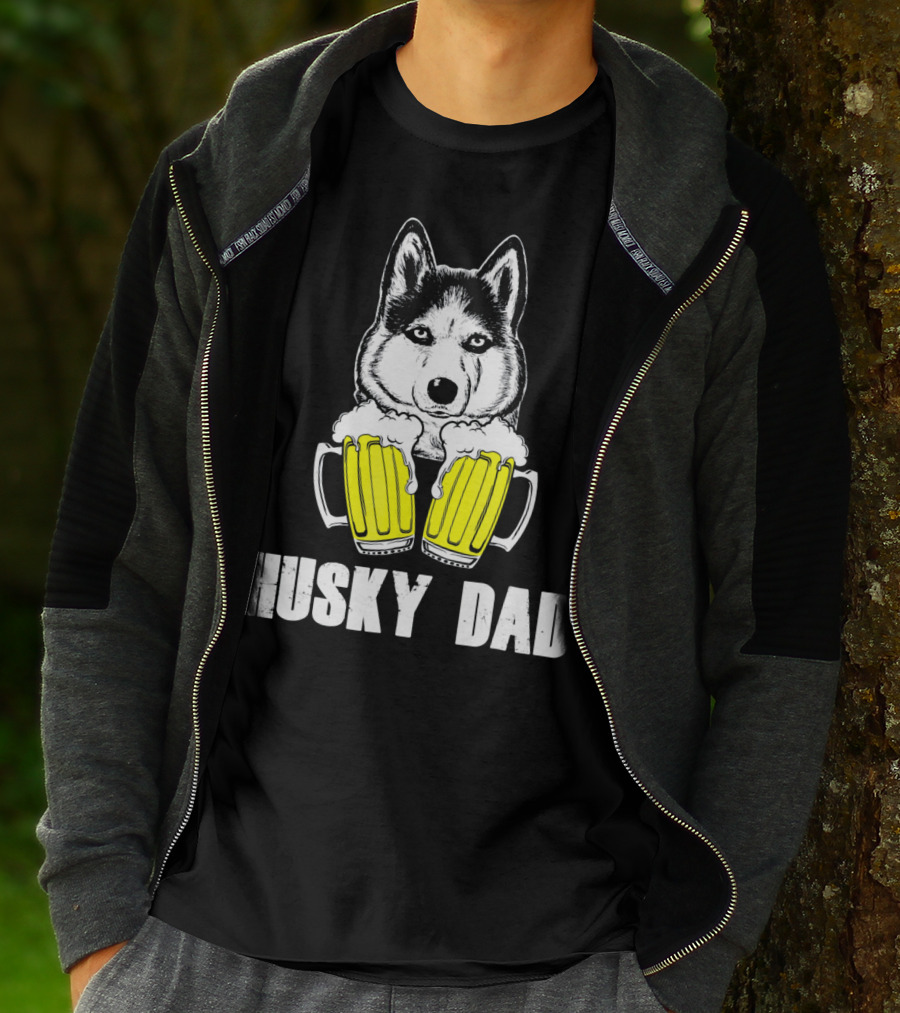 Husky Dad Funny Beer Day With Yellow Beer Mugs T-Shirt