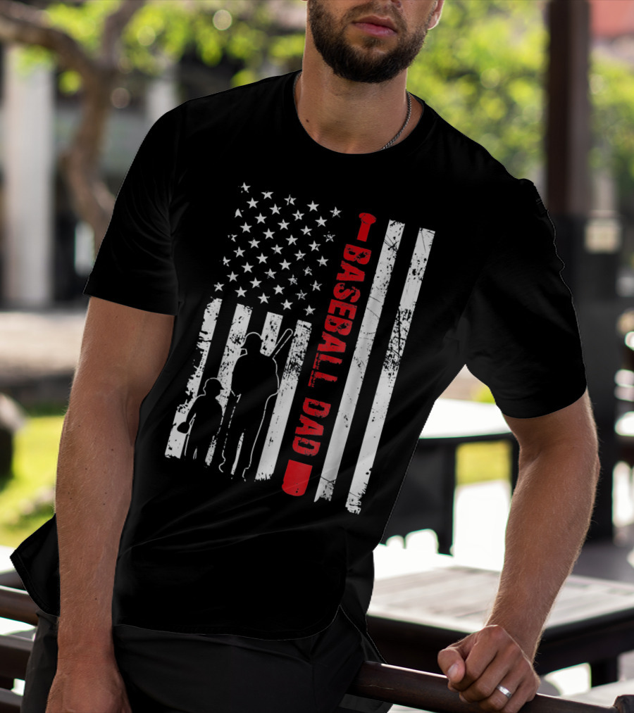 Mens Proud Baseball Dad American Flag Vertical Silhouette And Stars T-Shirt