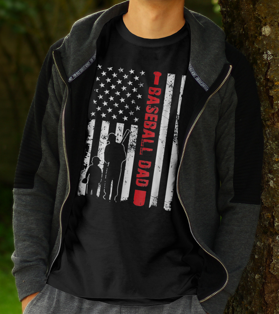 Mens Proud Baseball Dad American Flag Vertical Silhouette And Stars T-Shirt