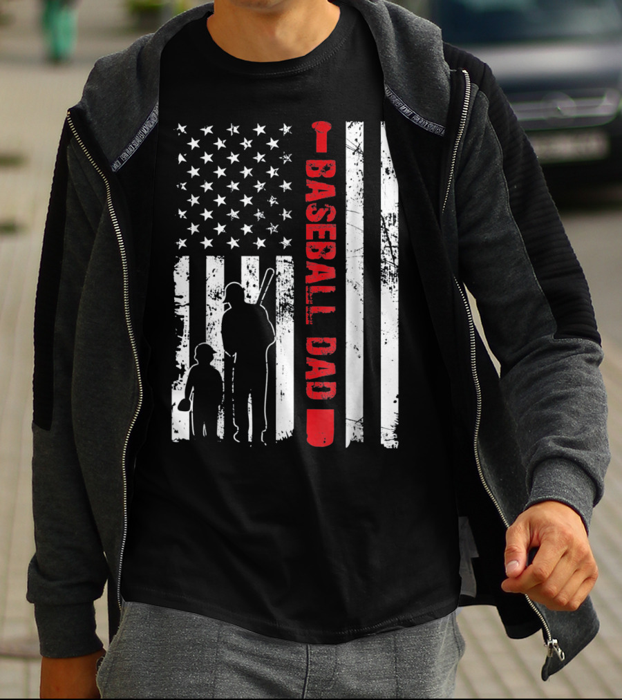 Mens Proud Baseball Dad American Flag Vertical Silhouette And Stars T-Shirt