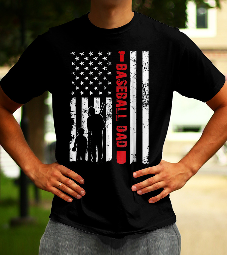Mens Proud Baseball Dad American Flag Vertical Silhouette And Stars T-Shirt