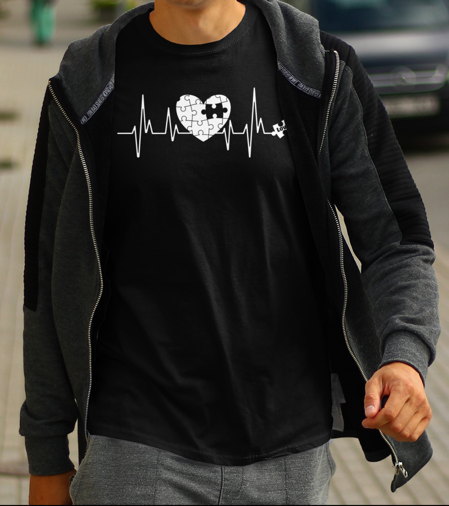 Love Heart Puzzle Autism Awareness Heartbeat T-Shirt