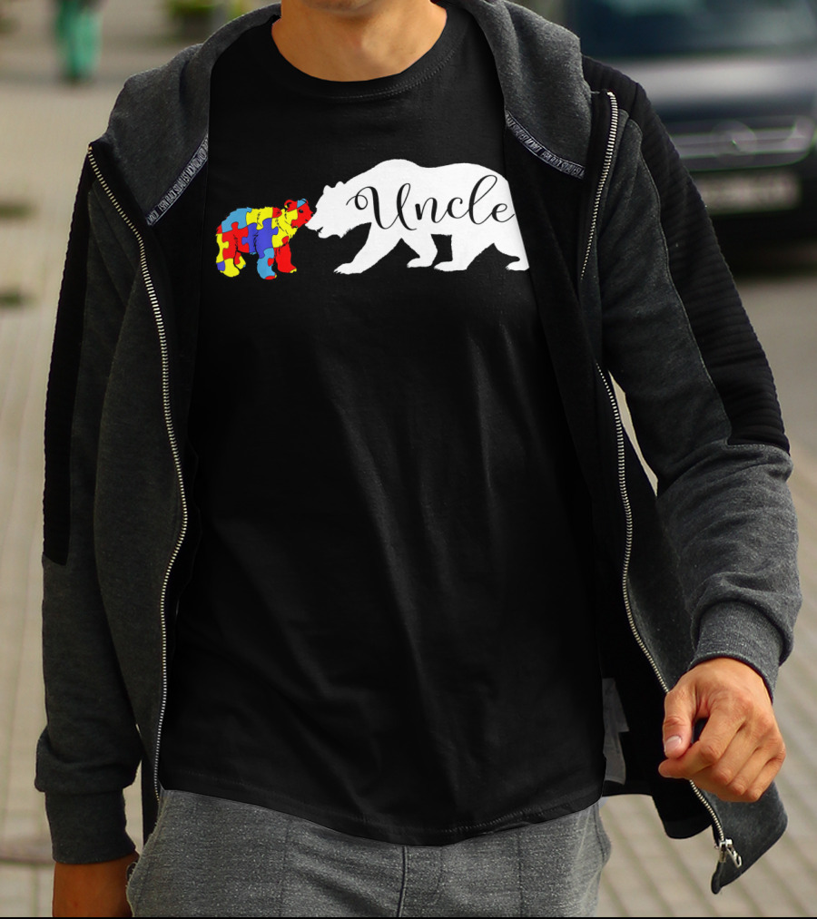 Uncle Bear With Autism Puzzle Bear Design For Awareness Month T-Shirt