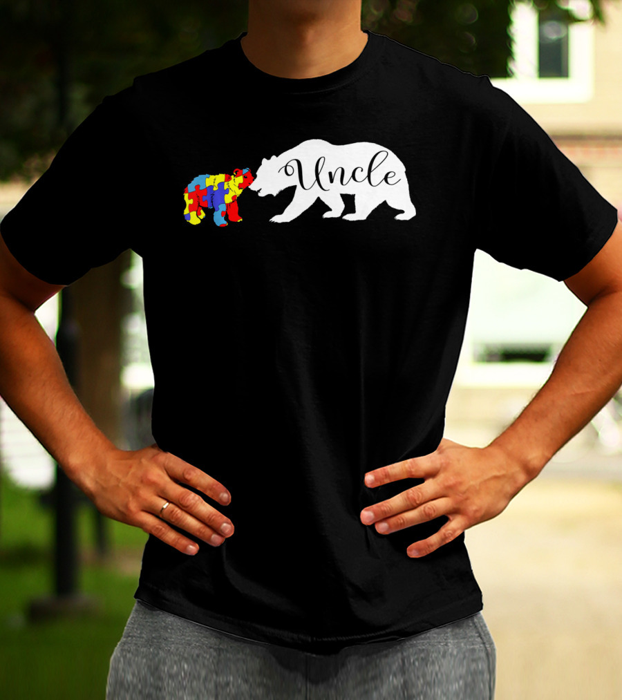 Uncle Bear With Autism Puzzle Bear Design For Awareness Month T-Shirt