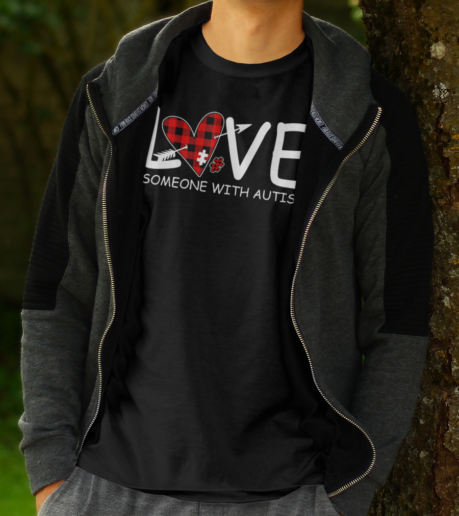 Love Someone With Autism Red Plaid Heart Puzzle Piece T-Shirt
