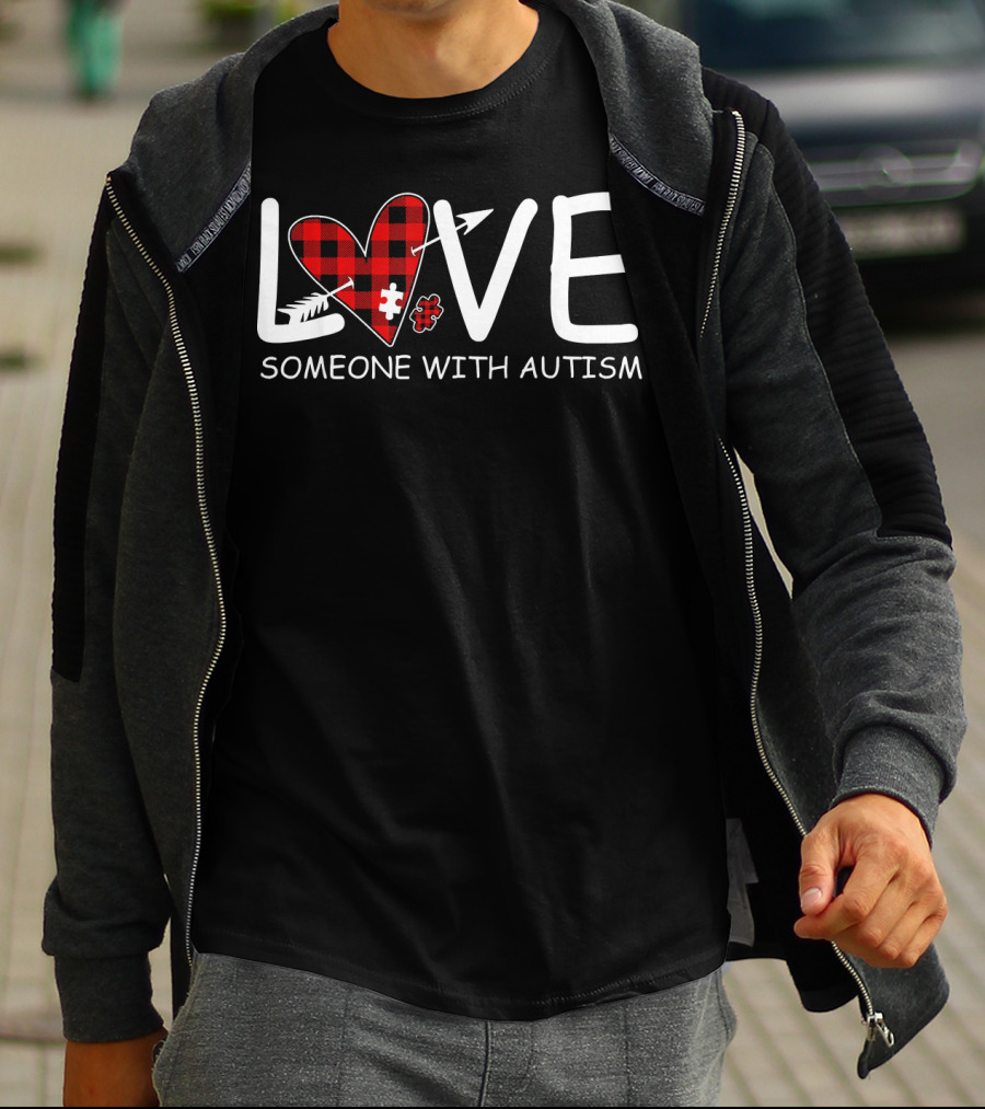 Love Someone With Autism Red Plaid Heart Puzzle Piece T-Shirt