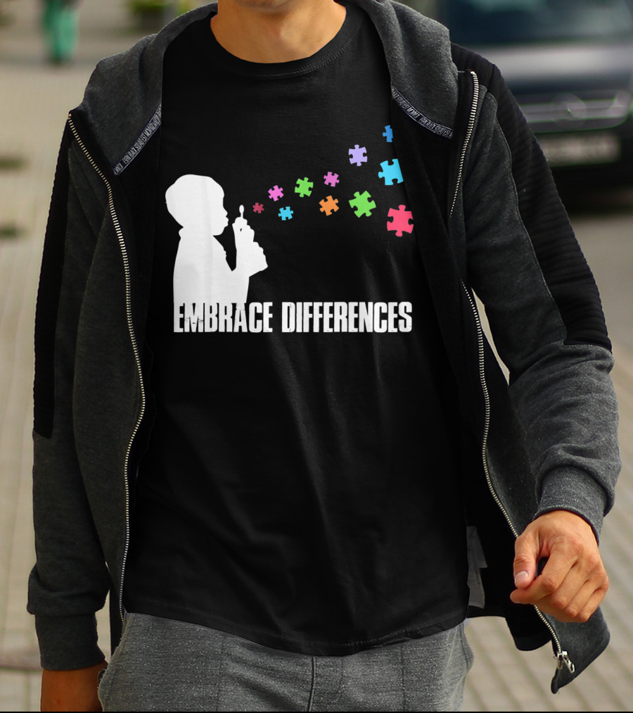 Embrace Differences Support Auti Autism Puzzle Pieces Bubbles T-Shirt