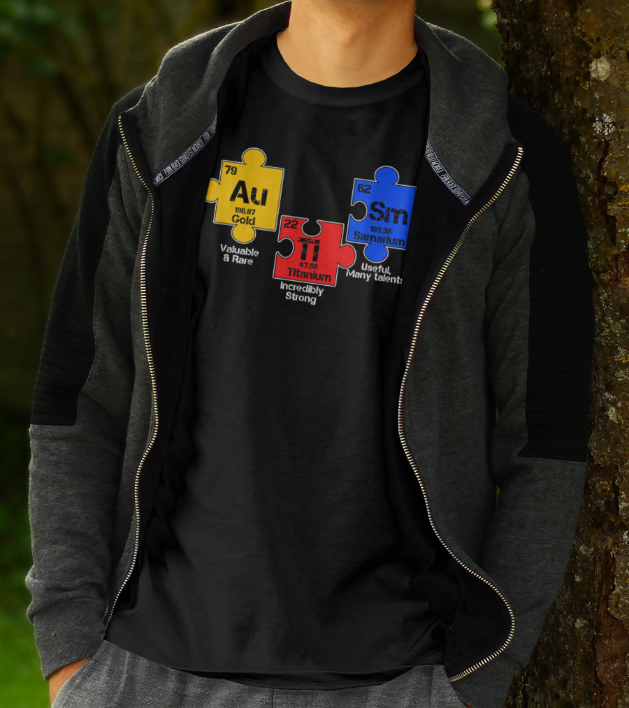 Autism Awareness Day Puzzle Chemical Elements Au Gold Ti Titanium Sm Samarium T-Shirt