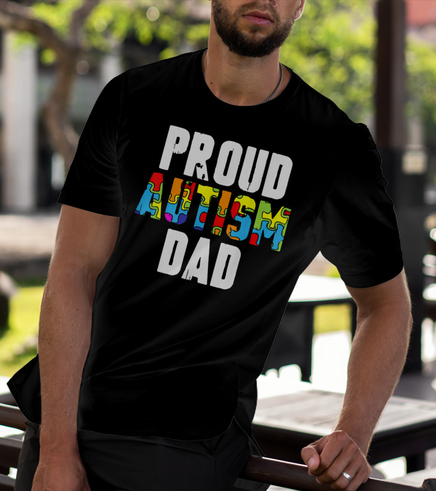 Proud Autism Dad Colorful Puzzle Piece Autism Awareness T-Shirt