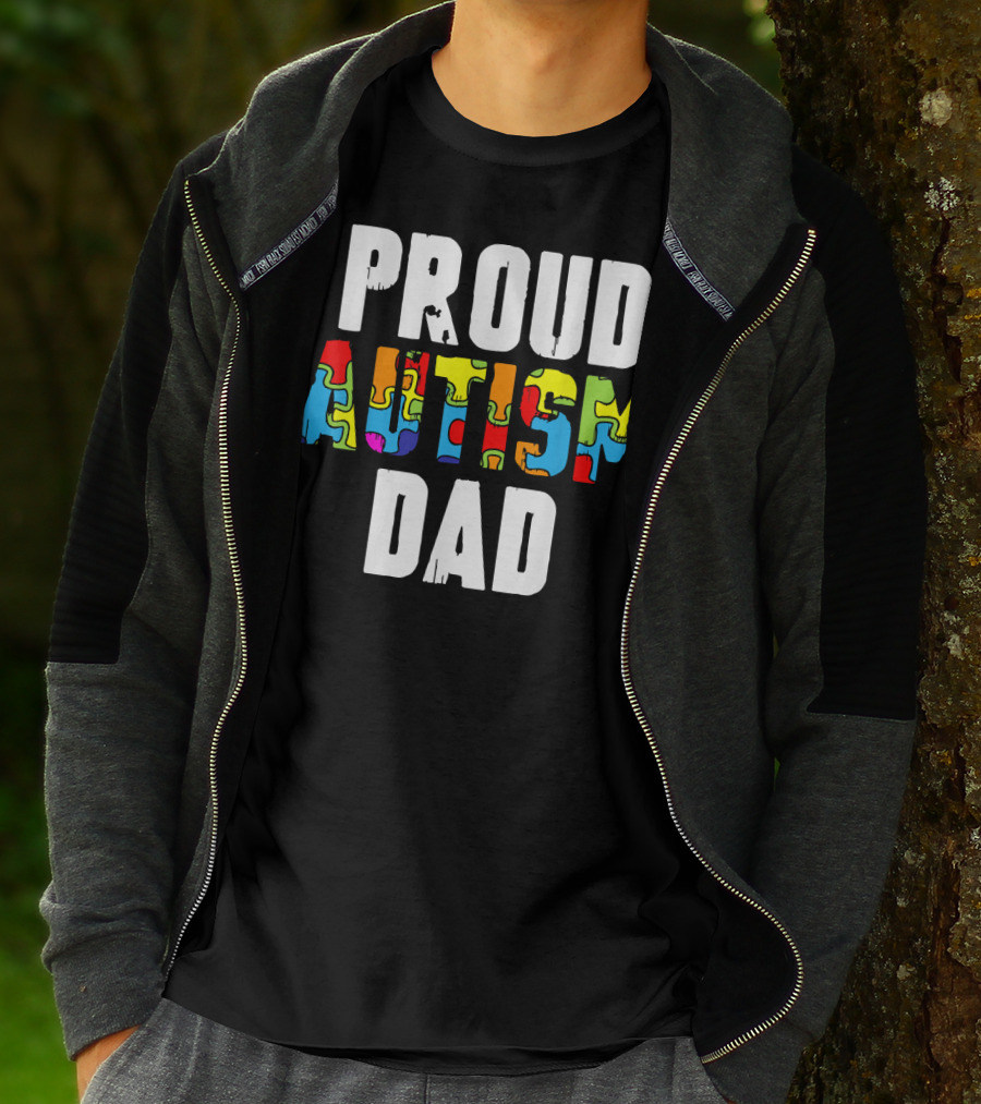 Proud Autism Dad Colorful Puzzle Piece Autism Awareness T-Shirt