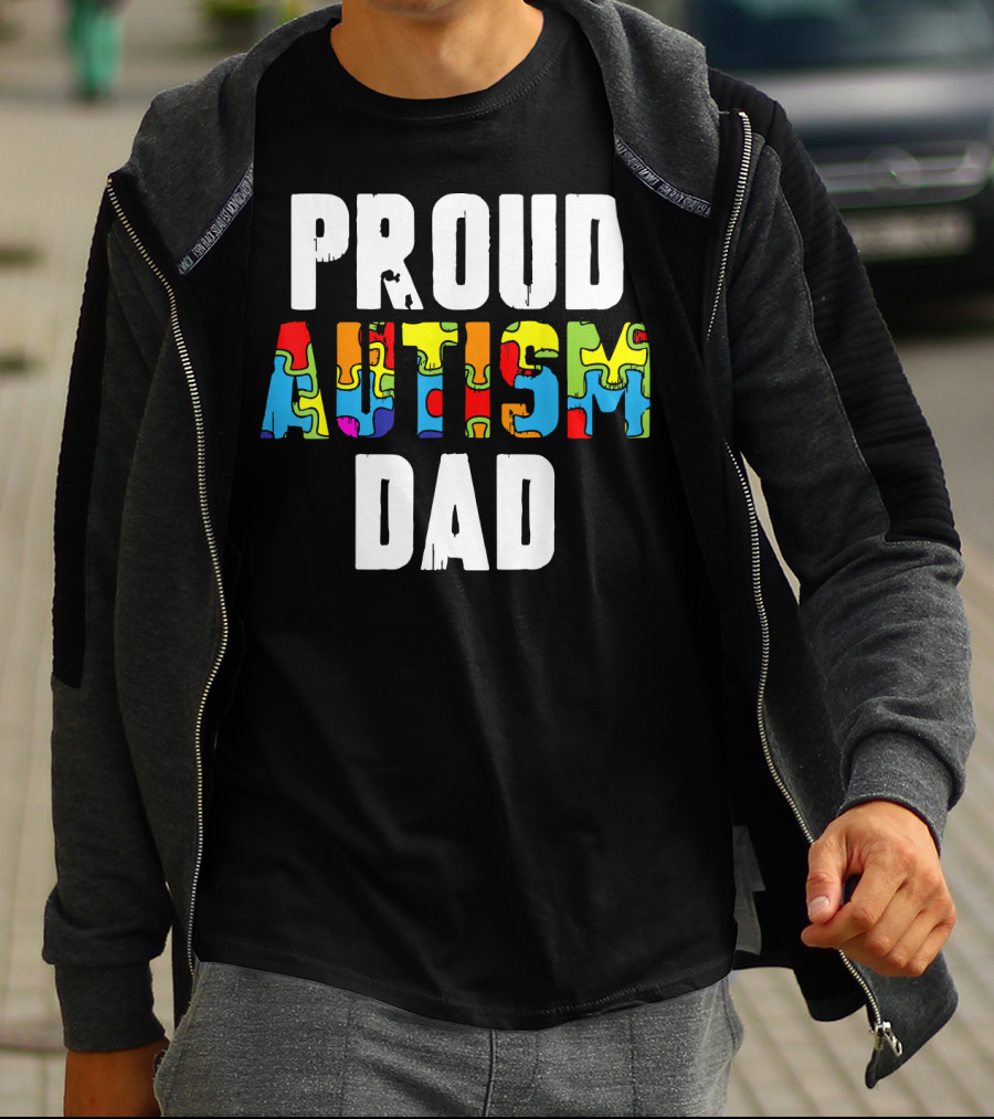 Proud Autism Dad Colorful Puzzle Piece Autism Awareness T-Shirt