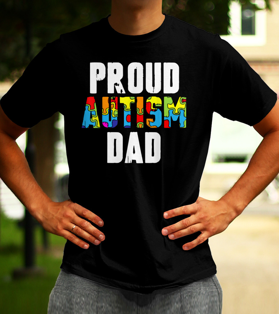 Proud Autism Dad Colorful Puzzle Piece Autism Awareness T-Shirt