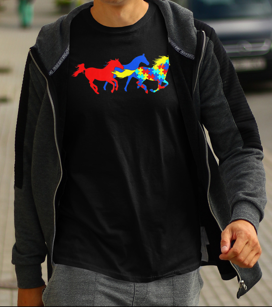 Autism Awareness Colorful Puzzle Horses Running T-Shirt