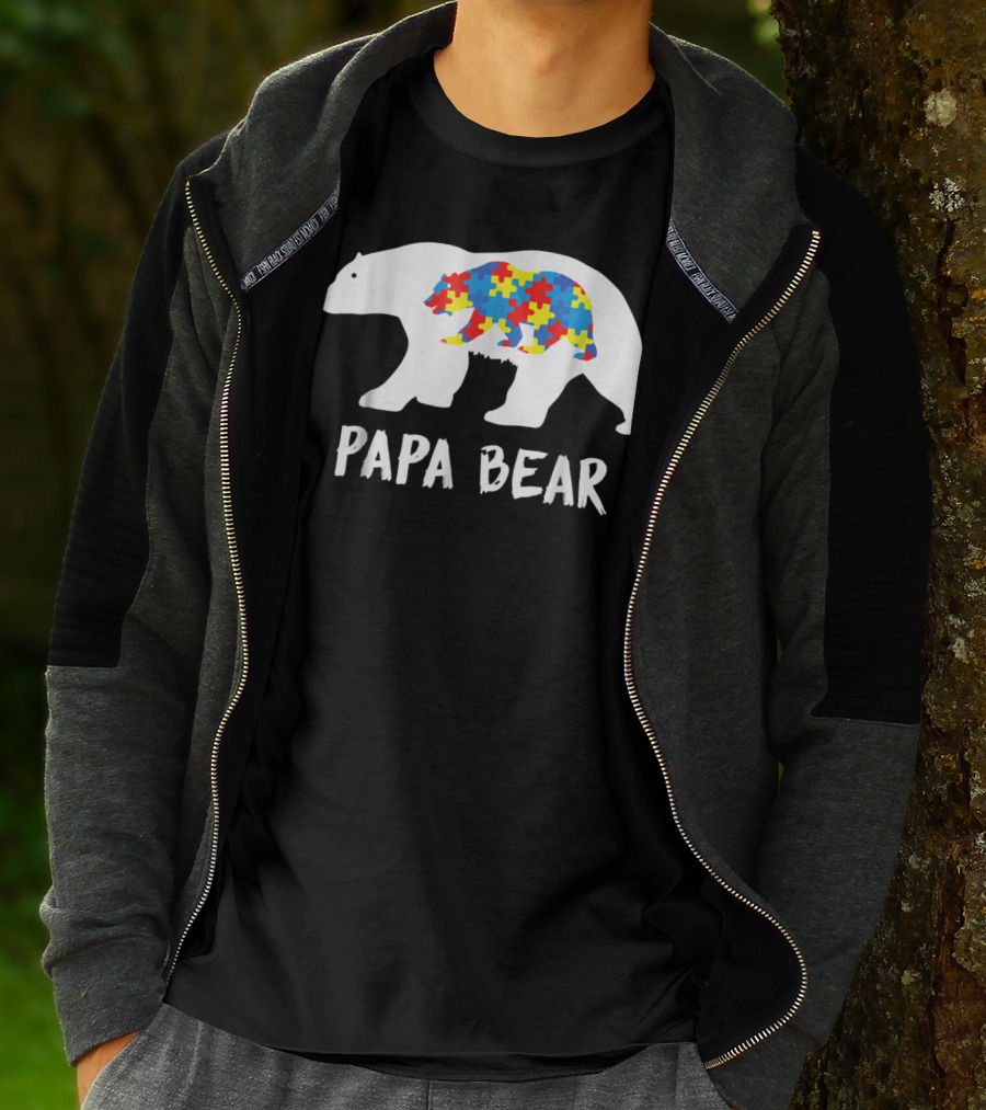 Papa Bear White Bear With Puzzle Bear Autism T-Shirt