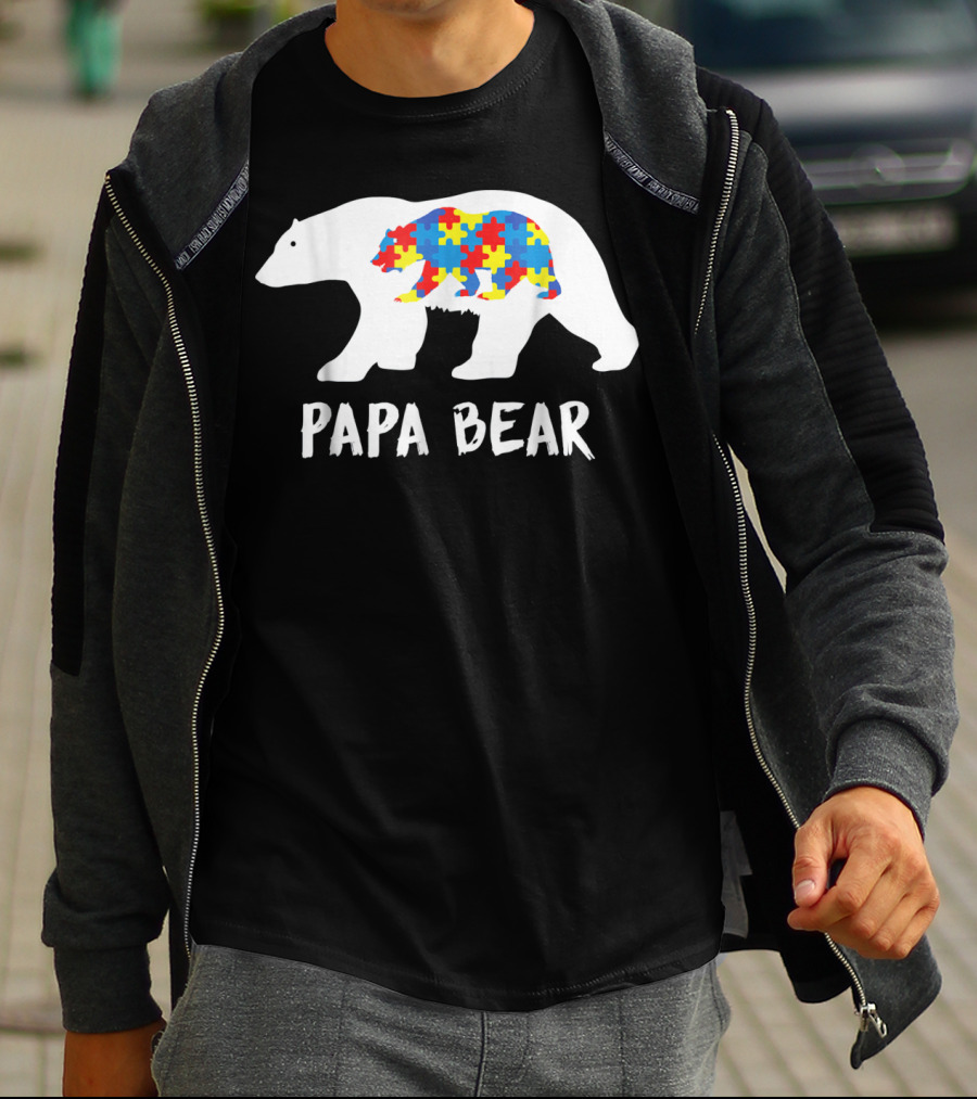 Papa Bear White Bear With Puzzle Bear Autism T-Shirt