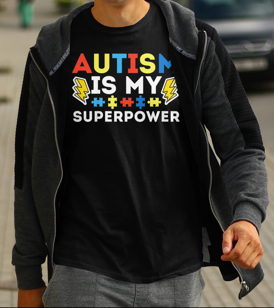 Kids Autism Awareness Autism Is My Superpower Puzzle Lightning T-Shirt