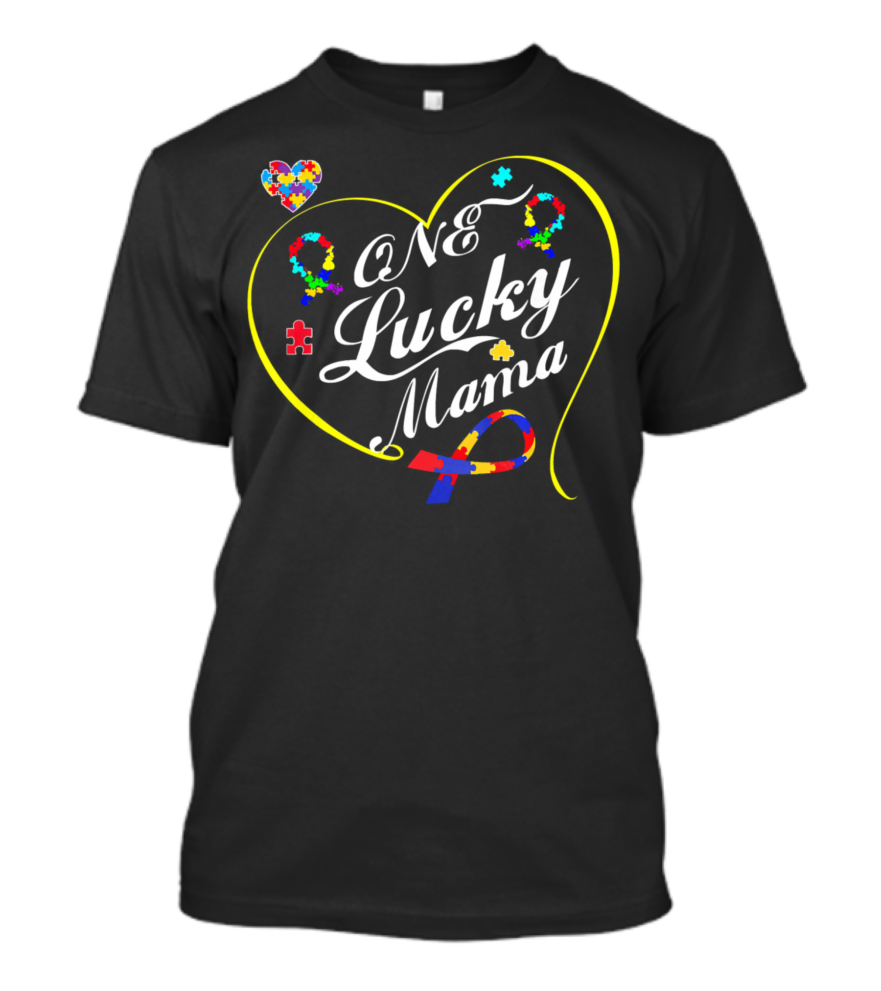 One Lucky Mama Autism Awareness Heart Puzzle T-Shirt