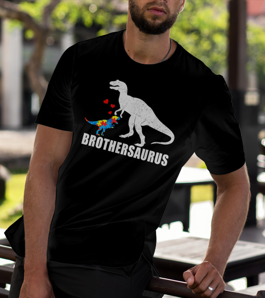 Brothersaurus Dinosaur With Puzzle Pattern For Autism Awareness T-Shirt