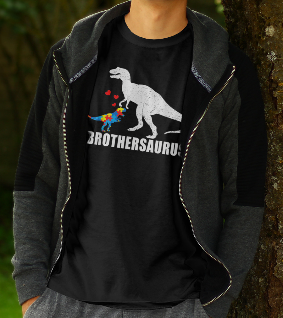 Brothersaurus Dinosaur With Puzzle Pattern For Autism Awareness T-Shirt