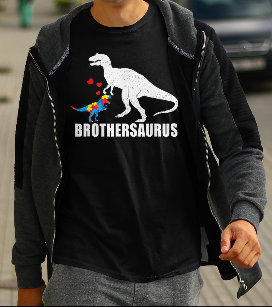 Brothersaurus Dinosaur With Puzzle Pattern For Autism Awareness T-Shirt