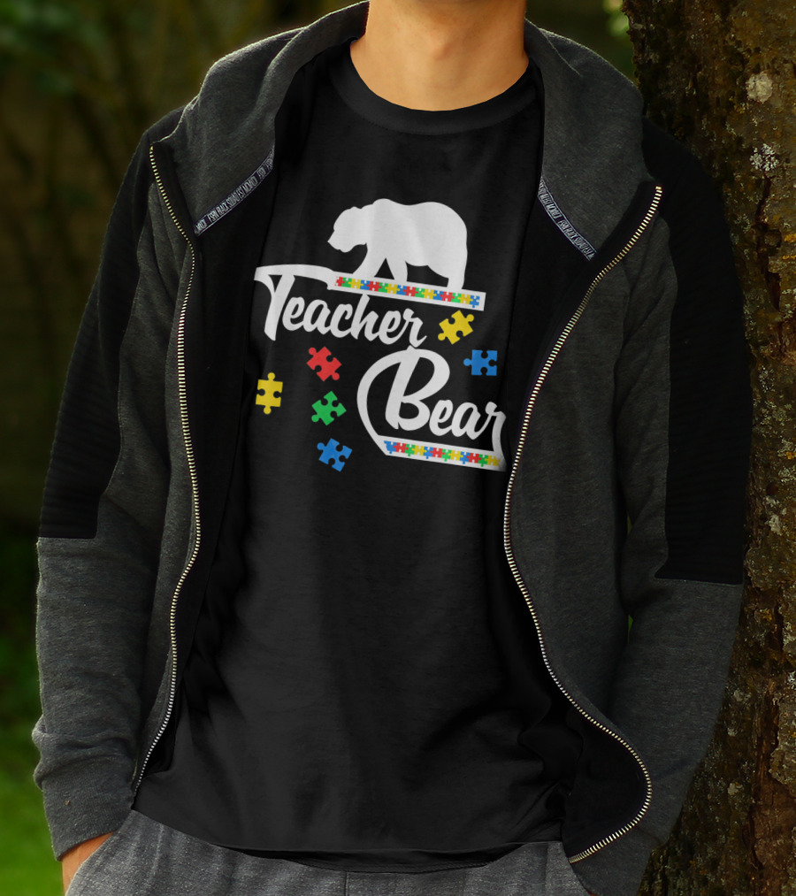 Teacher Bear Autism Awareness Puzzle Pieces T-Shirt