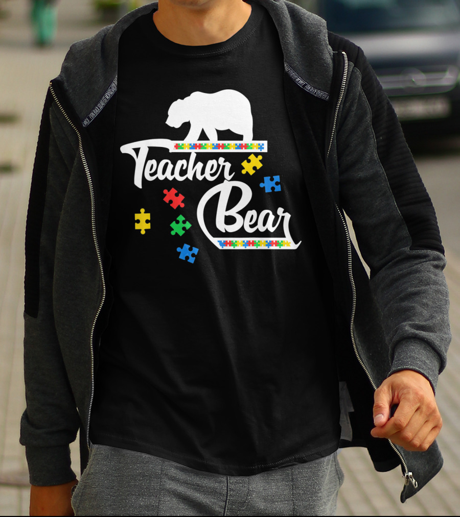 Teacher Bear Autism Awareness Puzzle Pieces T-Shirt