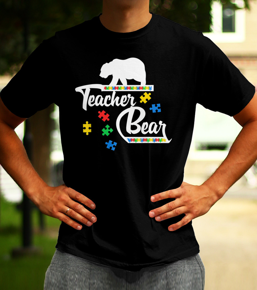 Teacher Bear Autism Awareness Puzzle Pieces T-Shirt