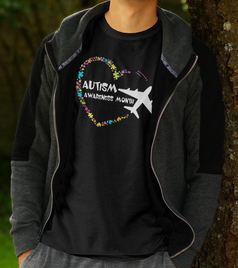 Autism Awareness Month Heart Puzzle With Airplane T-Shirt