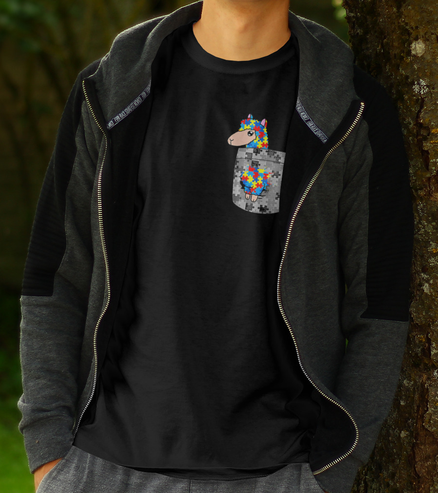 Funny Puzzle Pocket Llama Autism Awareness T-Shirt