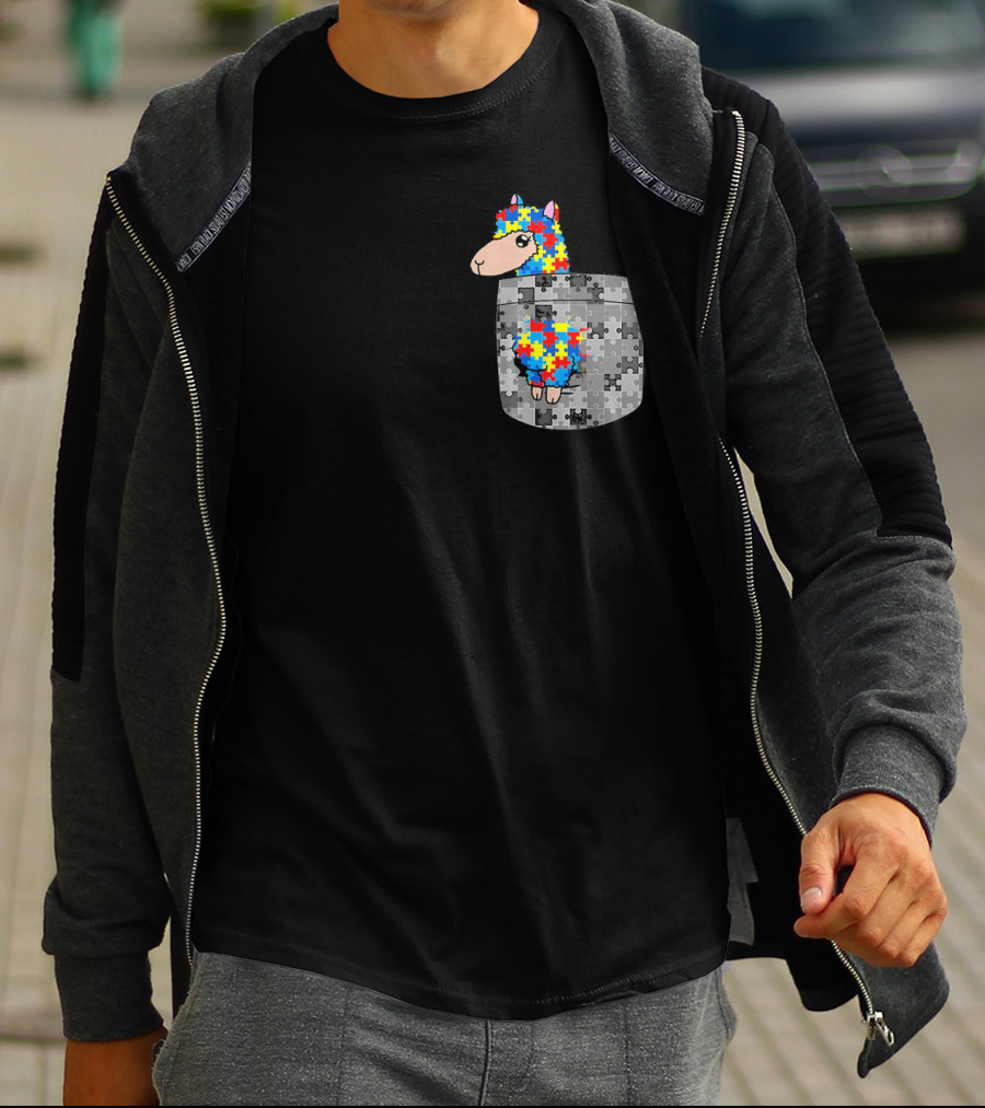 Funny Puzzle Pocket Llama Autism Awareness T-Shirt