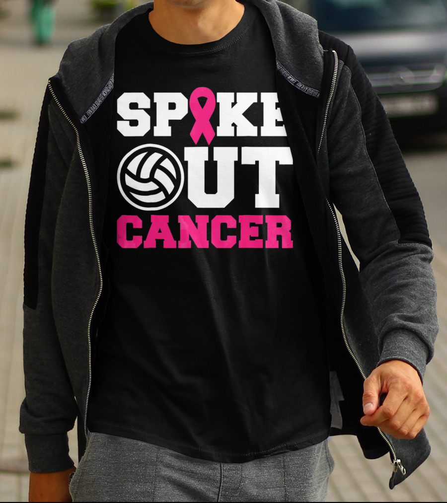 Volleyball Spike Out Cancer Pink Ribbon Breast Cancer Awareness T-Shirt