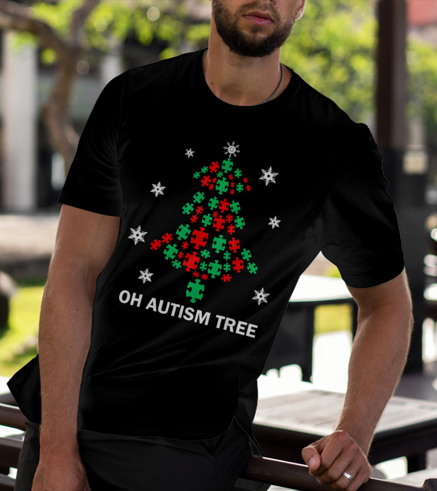 Oh Autism Christmas Tree Puzzle Piece Snowflakes T-Shirt