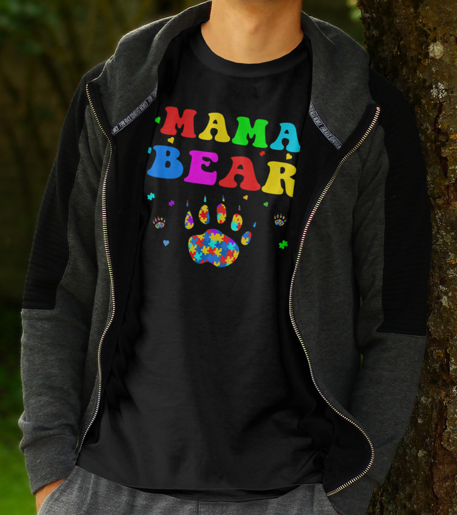 Mama Bear Autism Awareness Paw Puzzle Pieces T-Shirt