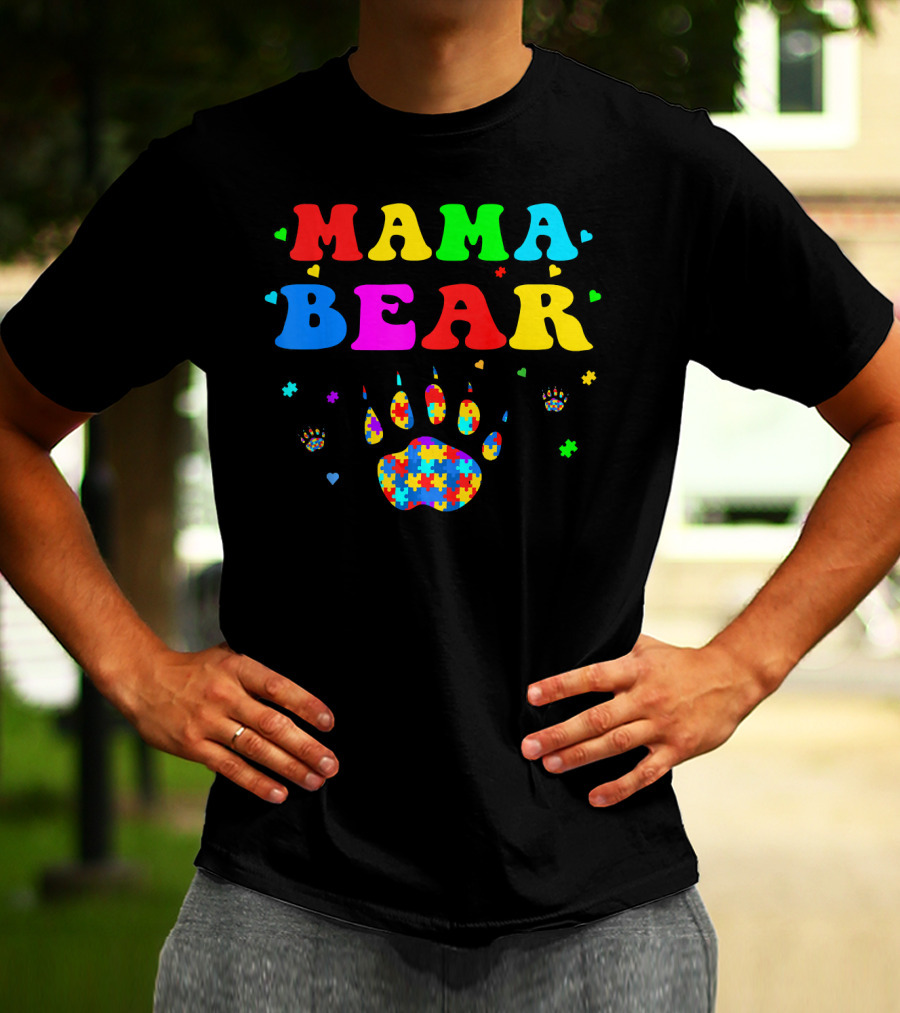 Mama Bear Autism Awareness Paw Puzzle Pieces T-Shirt