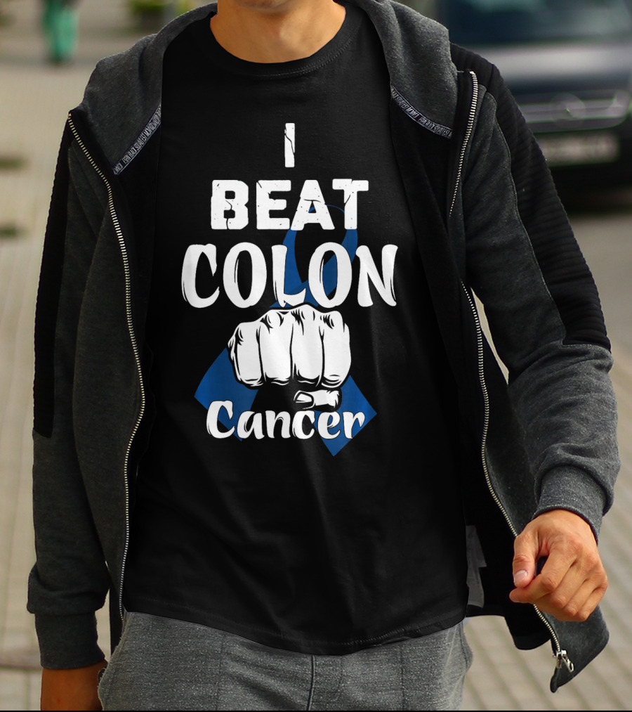I Beat Colon Cancer Fist Blue T-Shirt