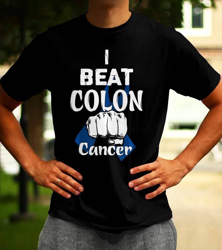 I Beat Colon Cancer Fist Blue T-Shirt