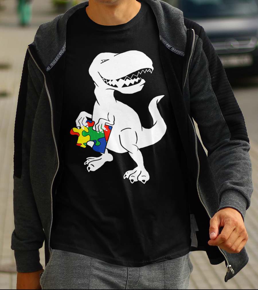 Dinosaur Holding Autism Puzzle Piece Awareness For Tyra T-Shirt