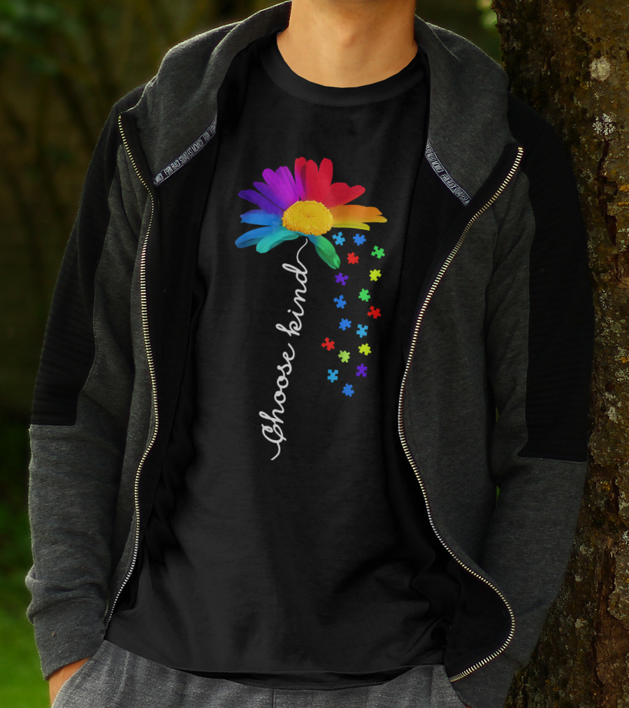 Choose Kind Autism Awareness Rainbow Daisy Puzzle Pieces T-Shirt