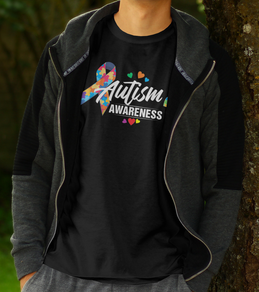 Autism Awareness Puzzle Ribbon Hearts T-Shirt