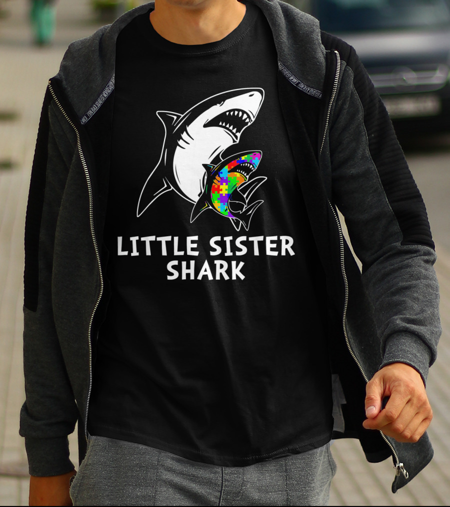 Little Sister Shark Autism Puzzle Awareness T-Shirt