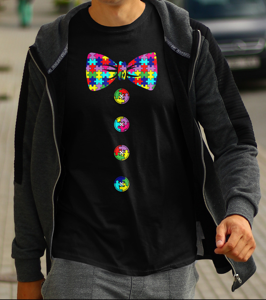 Autism Awareness Puzzle Bow Tie And Buttons T-Shirt