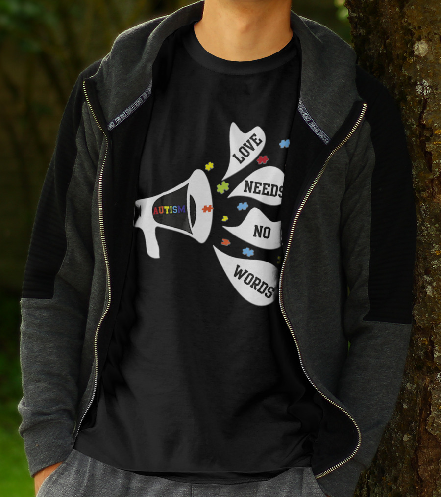 Autism Love Needs No Words Awareness Puzzle Pieces Megaphone T-Shirt