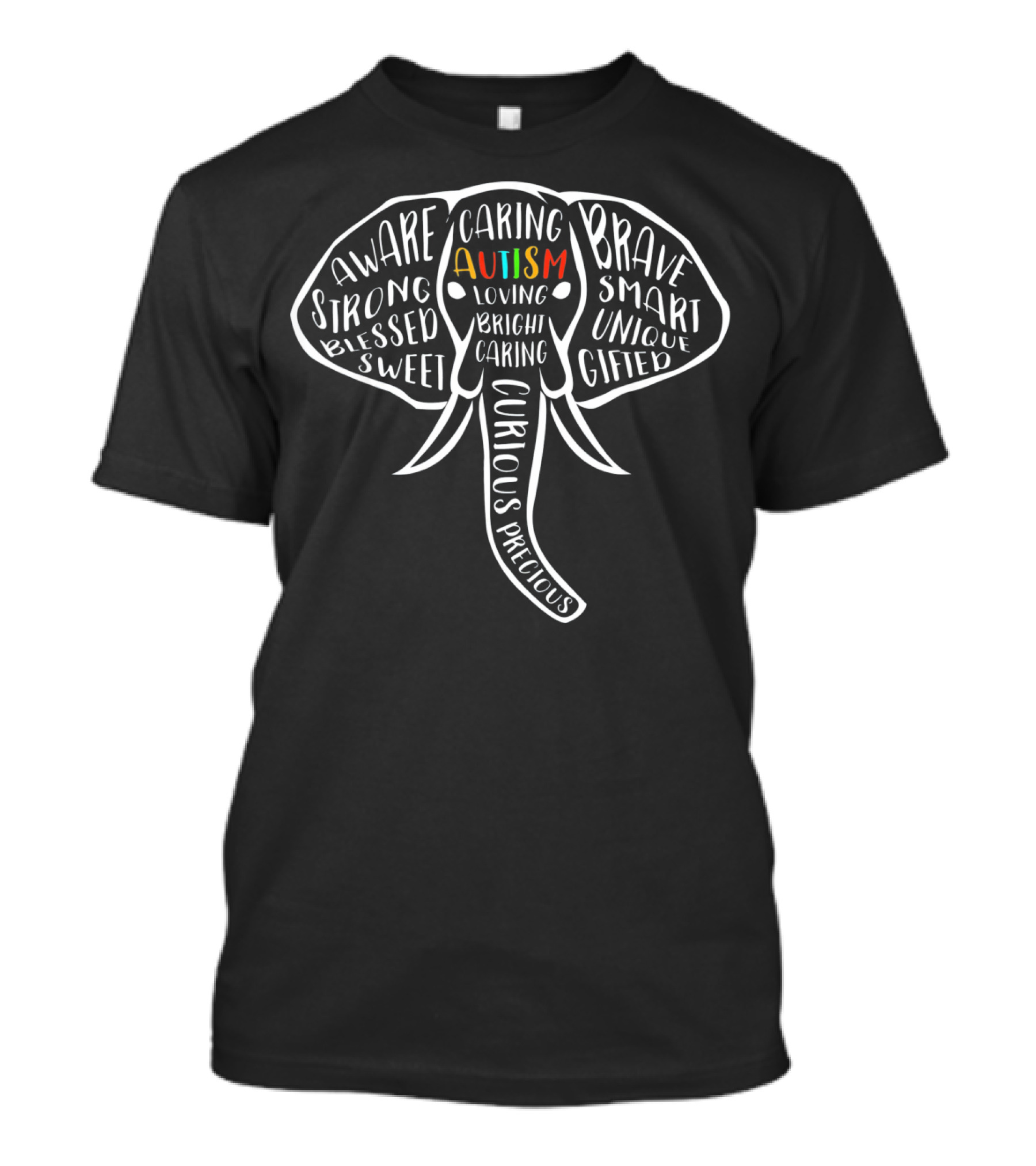 Aware Strong Blessed Sweet Caring Autism Loving Bright Caring Curious Precious Brave Smart Unique Gifted Elephant T-Shirt
