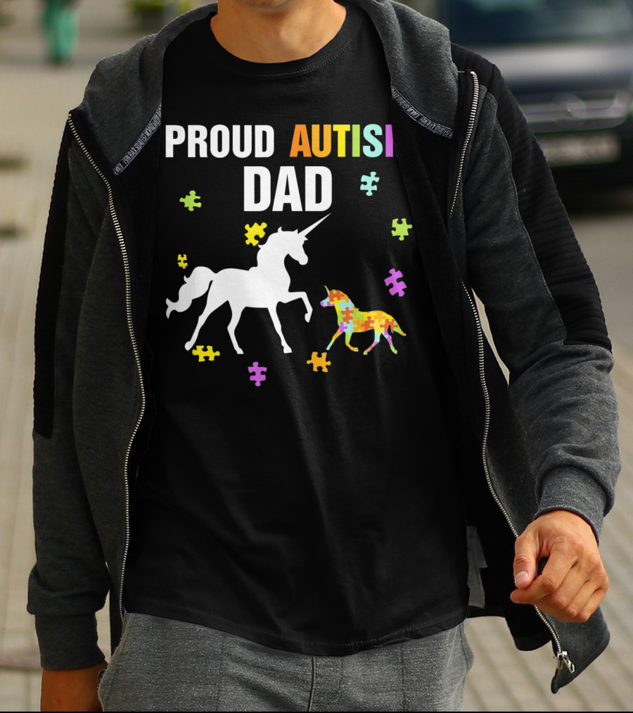 Proud Autism Dad Unicorn Puzzle Autism Awareness T-Shirt
