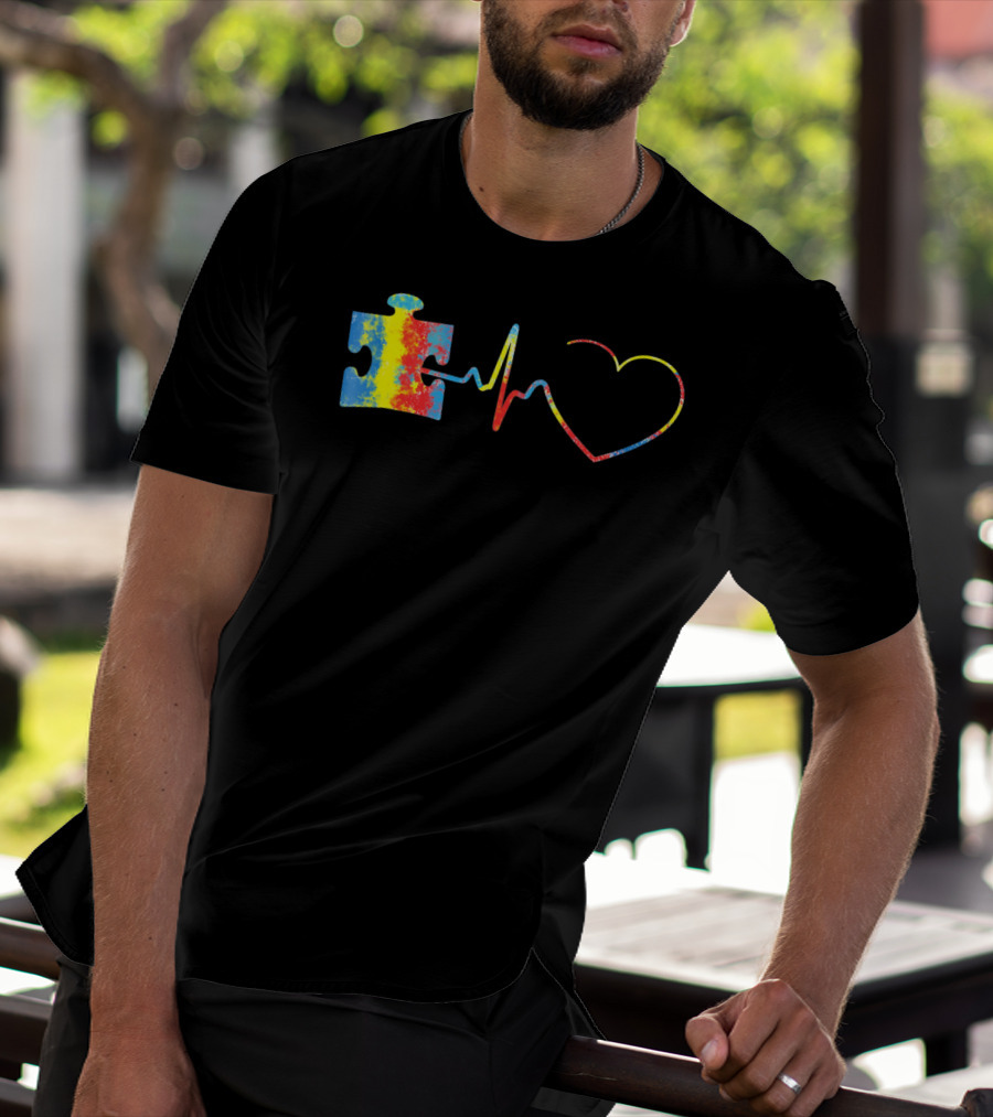Autism Awareness Puzzle Piece With Colorful Heartbeat Line T-Shirt