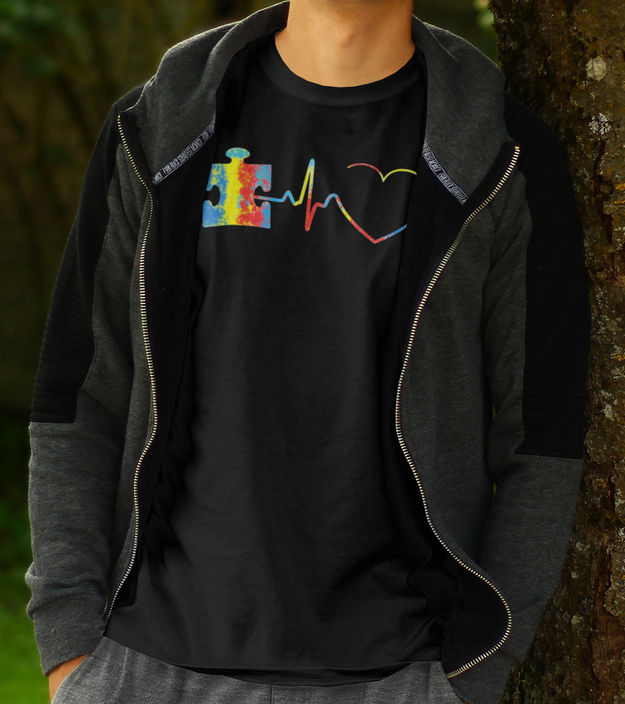 Autism Awareness Puzzle Piece With Colorful Heartbeat Line T-Shirt